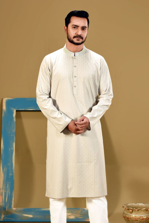 Off White Cotton Embroidered Panjabi