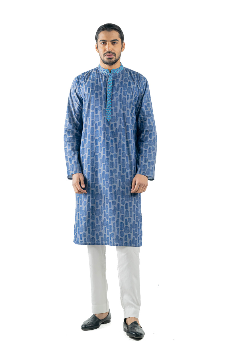 Grey Cotton Printed & Embroidered Panjabi