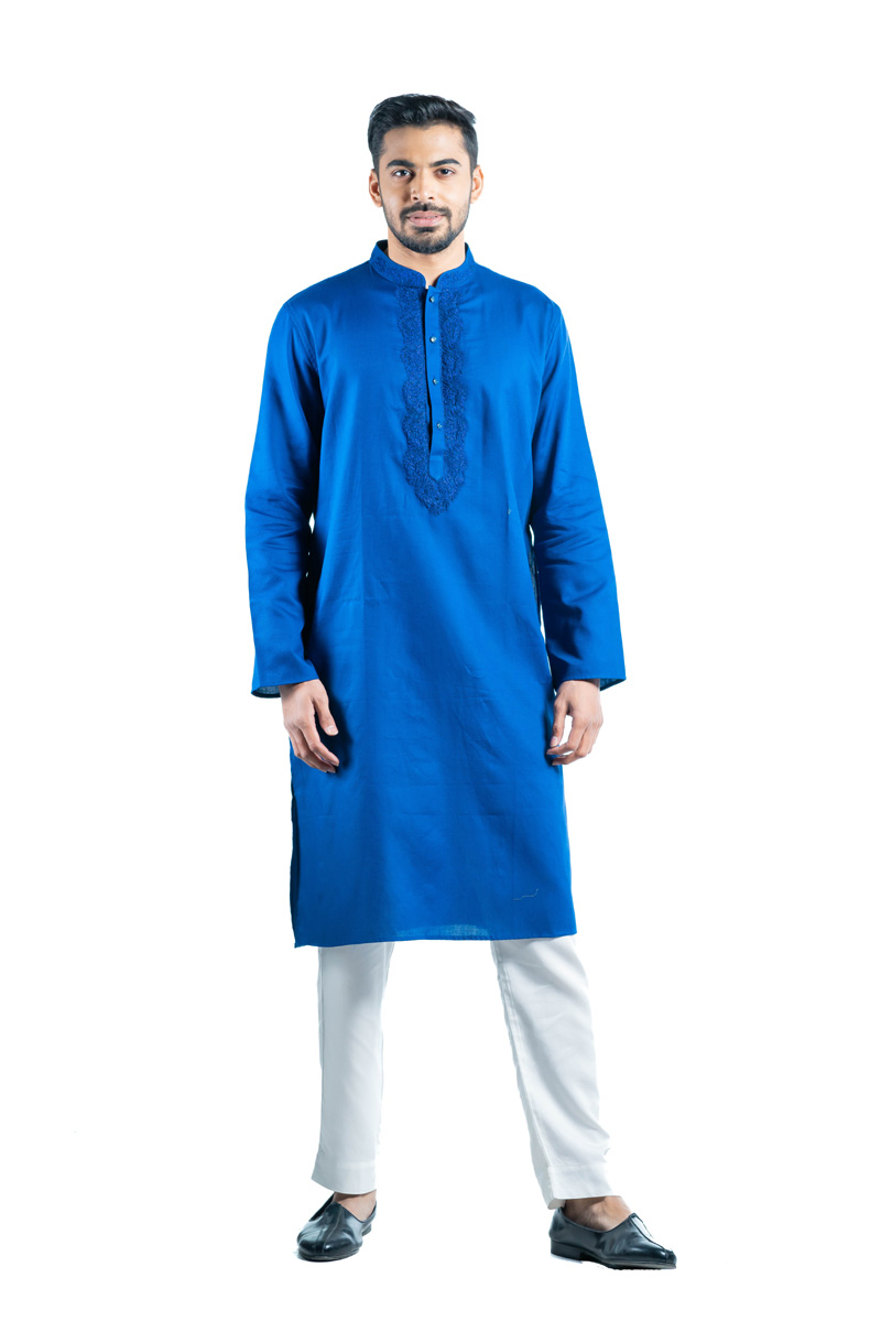 Midnight Blue Cotton Embroidered Panjabi