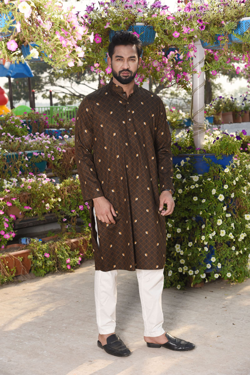 Wooden Brown Cotton Printed Panjabi