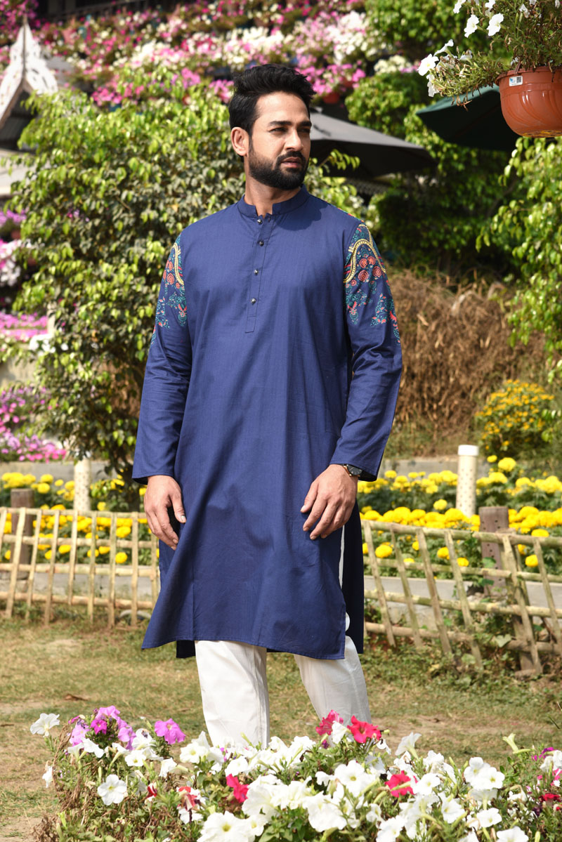 Navy Blue Cotton Printed & Hand Embroidered Panjabi