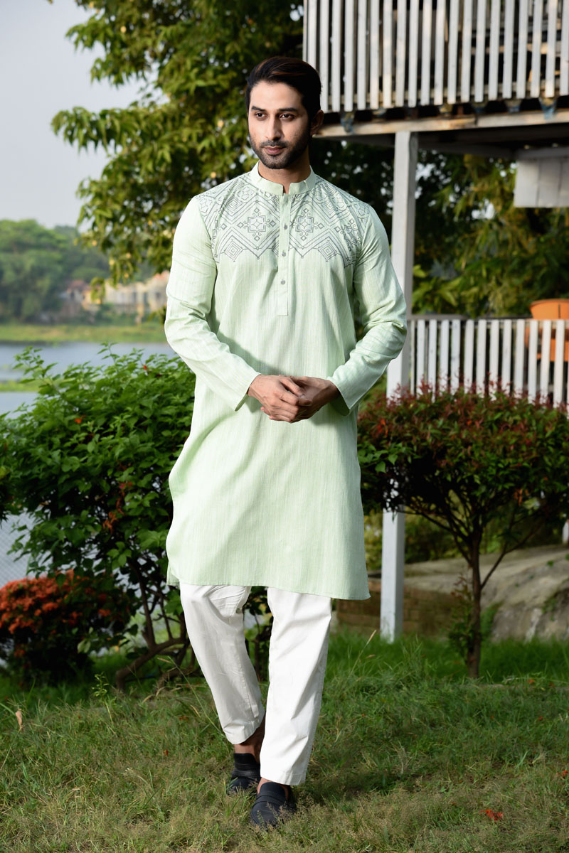 Lime Green Cotton Printed Panjabi