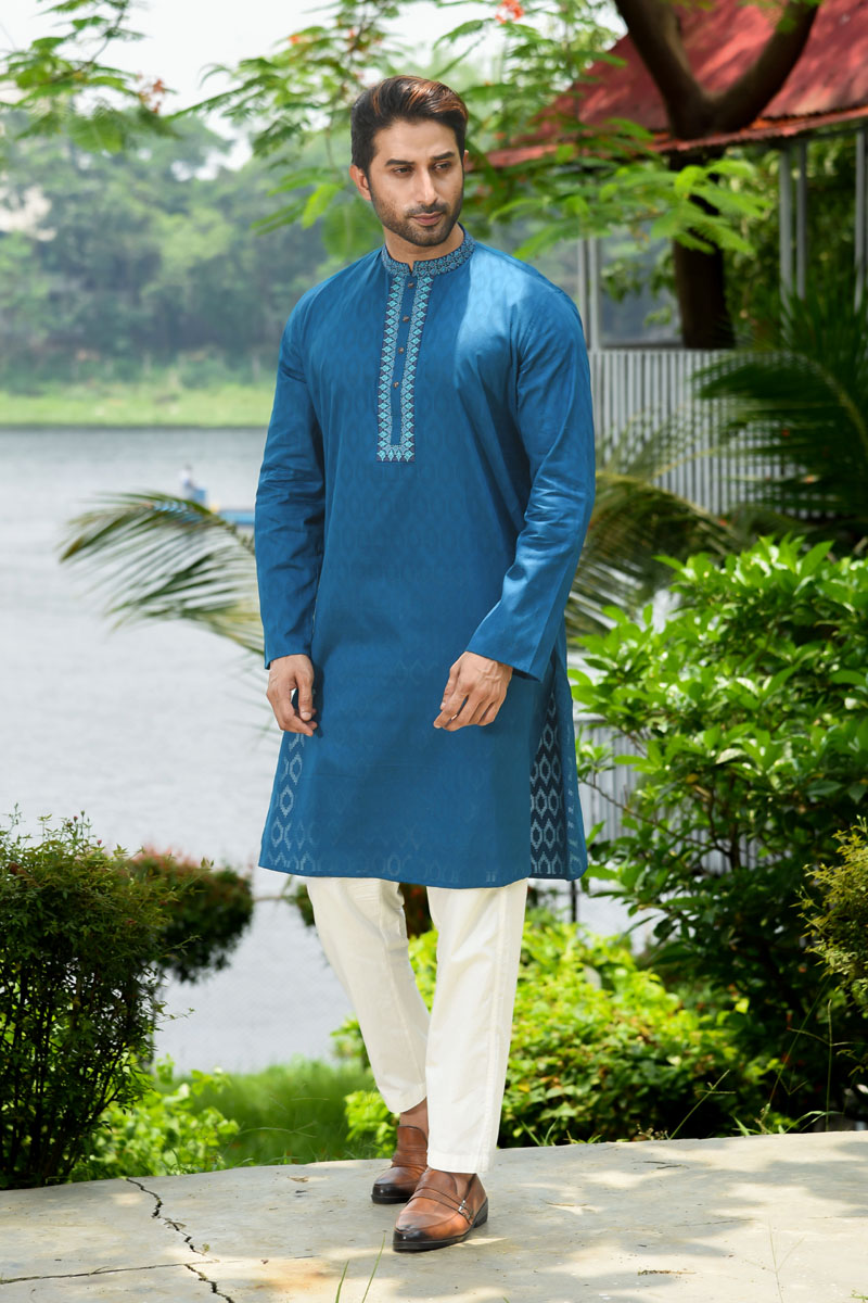 Turquoise Blue Jacquard Cotton Printed Panjabi