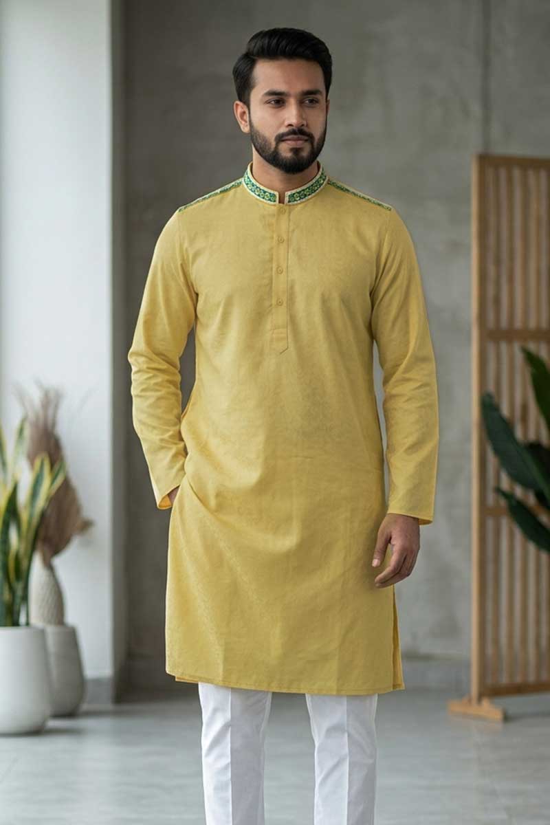 Cream Jacquard Cotton Embroidered Panjabi