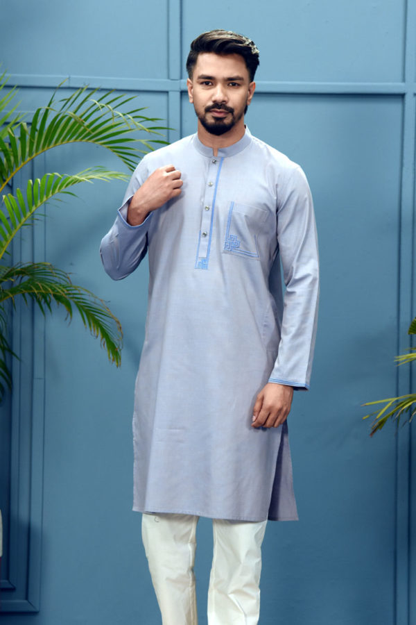 Turkish Blue Cotton Embroidered Panjabi