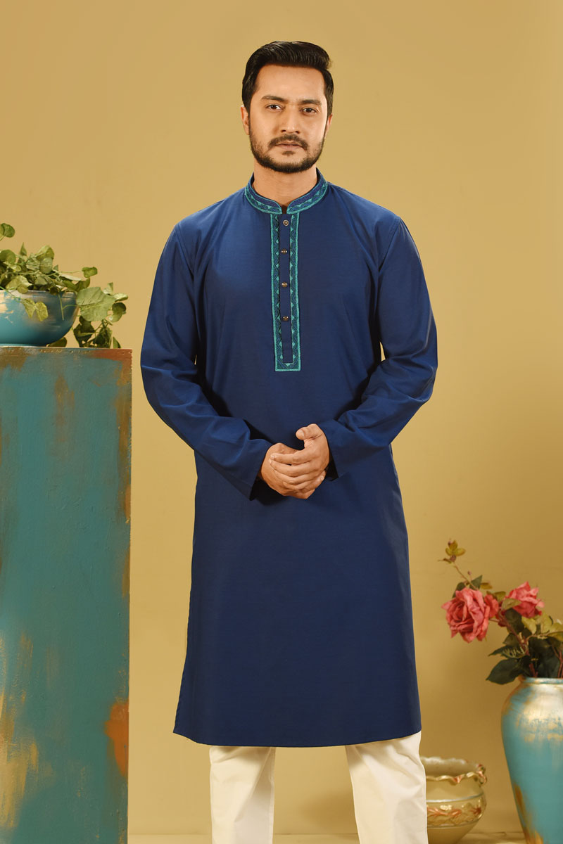 Navy Blue Cotton Karchupi Ornamented Panjabi