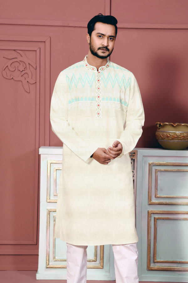 Off White Jacquard Cotton Printed & Embroidered Panjabi