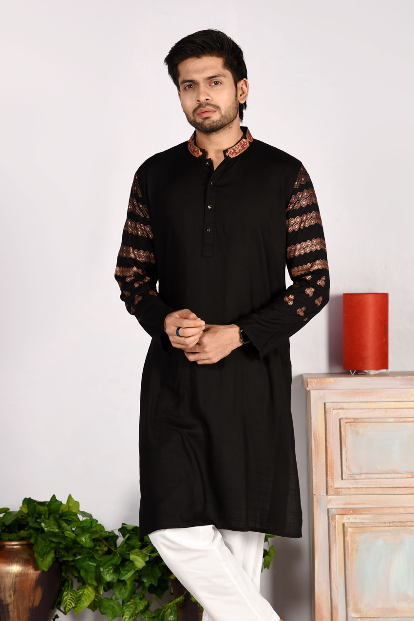 Black Jacquard Cotton Printed & Embroidered Panjabi