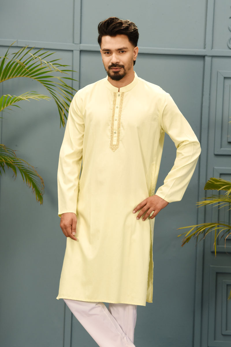 Flaxen Yellow Cotton Embroidered Panjabi