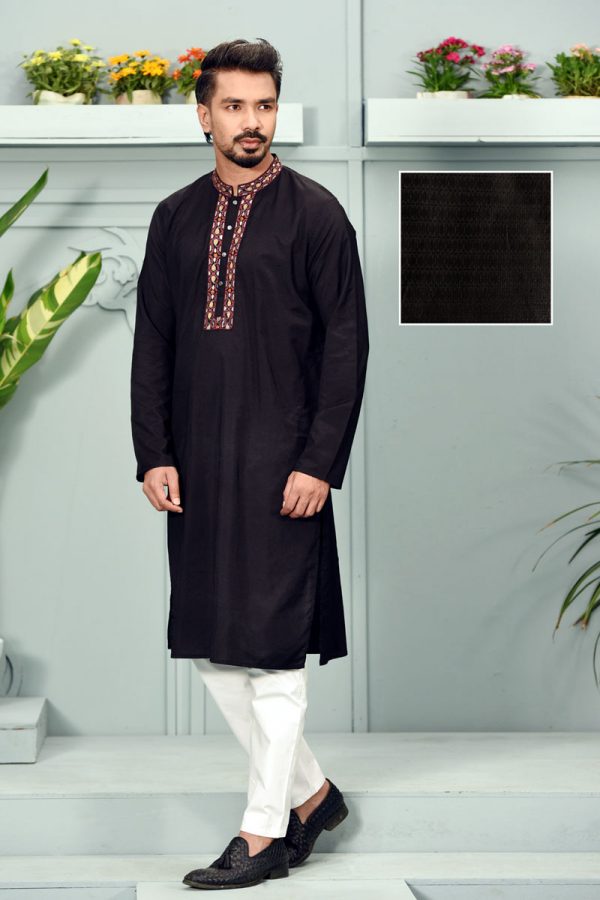 Black Jacquard Cotton Printed & Hand Embroidered Panjabi