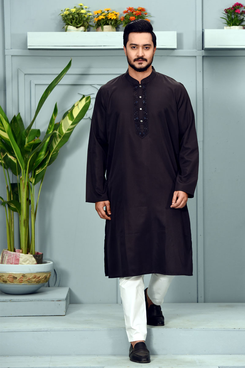 Black Jacquard Cotton Karchupi Ornamented Panjabi