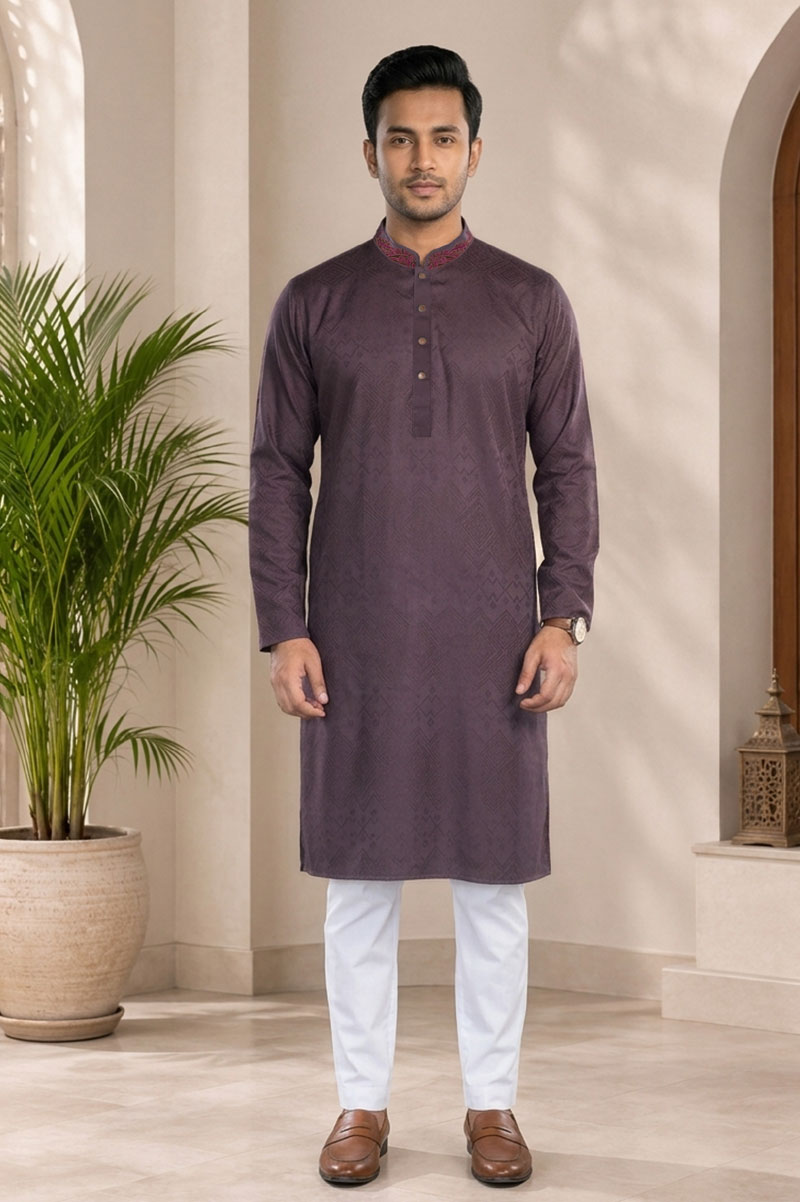 Scarlet Brown Jacquard Cotton Embroidered Panjabi