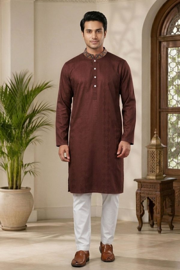 Chocolate Jacquard Cotton Embroidered Panjabi