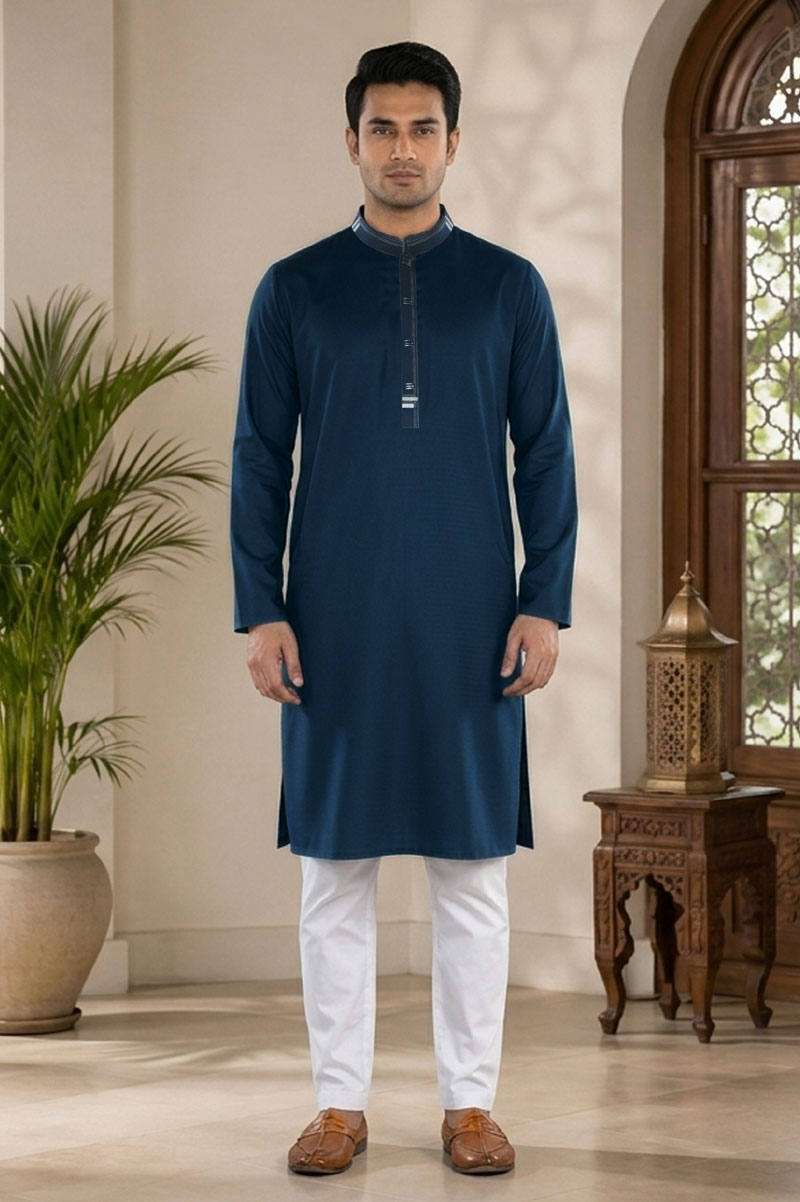 Teal Blue Jacquard Cotton Printed Panjabi