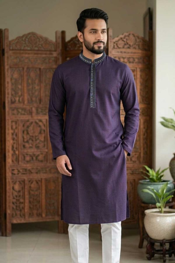 Space Blue Jacquard Cotton Karchupi Ornamented Panjabi
