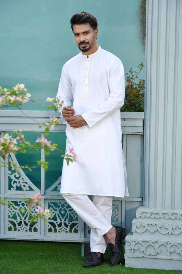 Pearl White Jacquard Cotton Printed & Hand Embroidered Panjabi