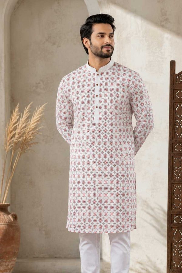 Off White Cotton Printed Panjabi