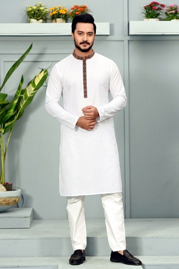 Off White Cotton Printed Panjabi