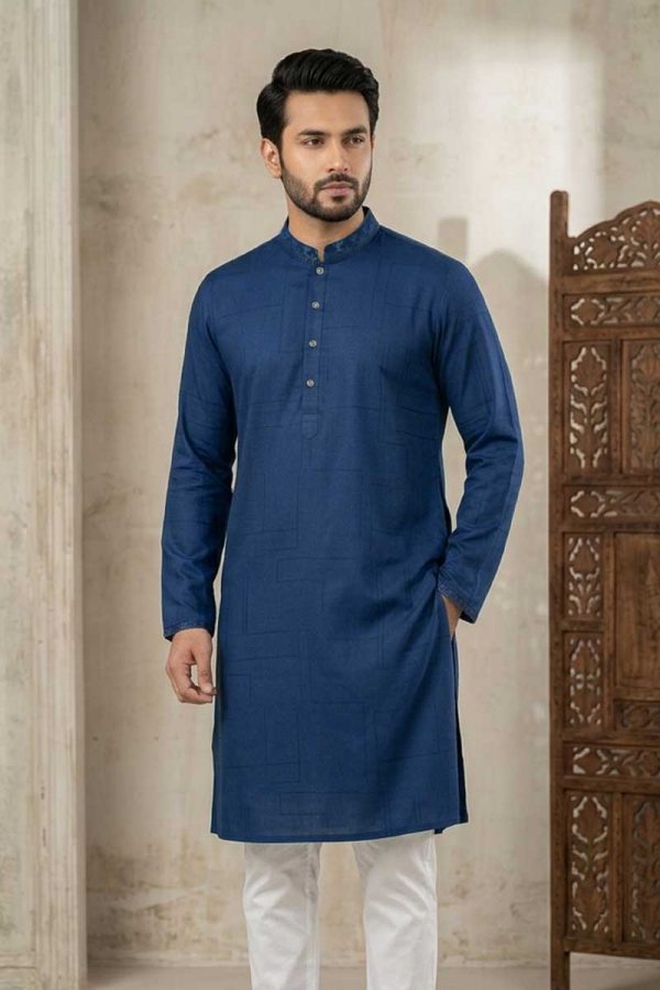 Teal Blue Jacquard Cotton Printed Panjabi