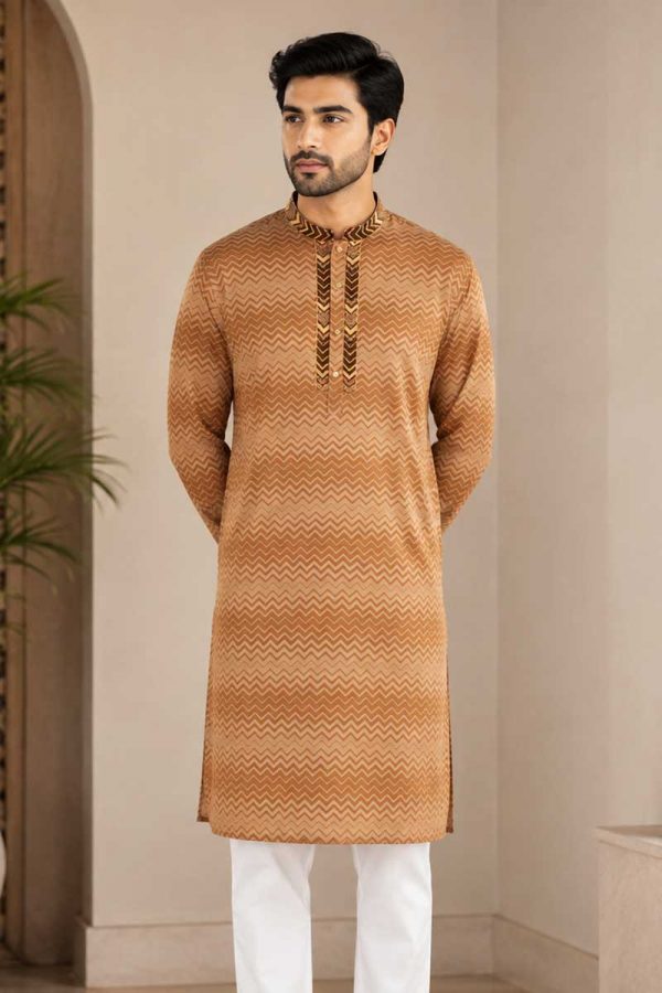 Brown Cotton Printed & Hand Embroidered Panjabi