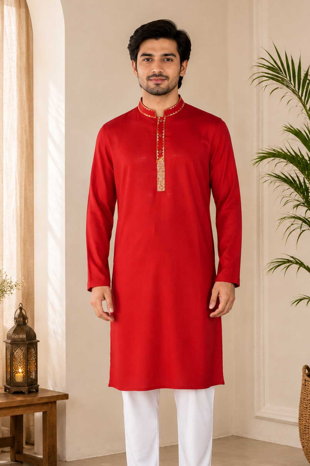 Red Jacquard Cotton Embroidered Panjabi