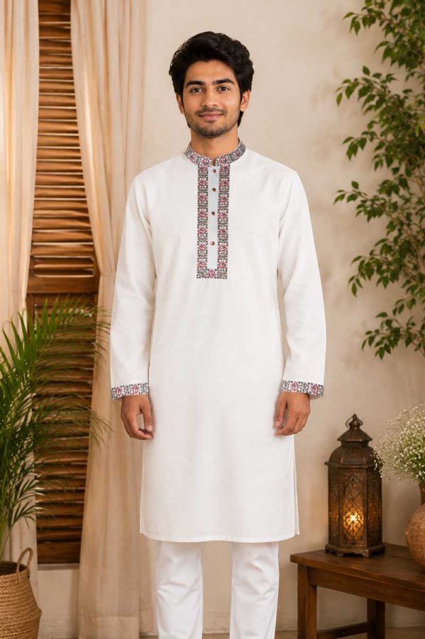 Pearl White Jacquard Cotton Printed & Embroidered Panjabi