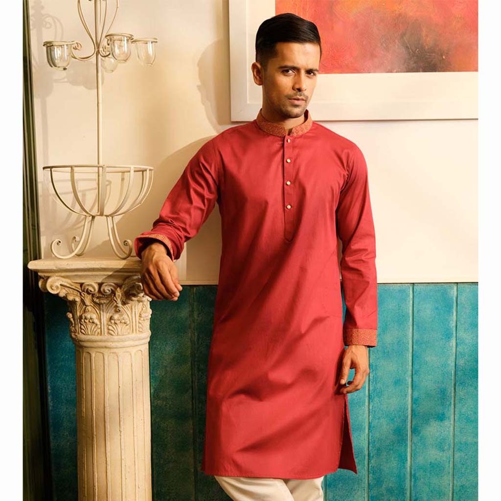 Maroon Cotton Embroidered Panjabi