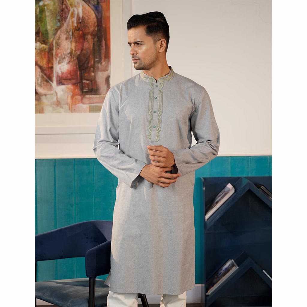 Grey Cotton Embroidered Panjabi