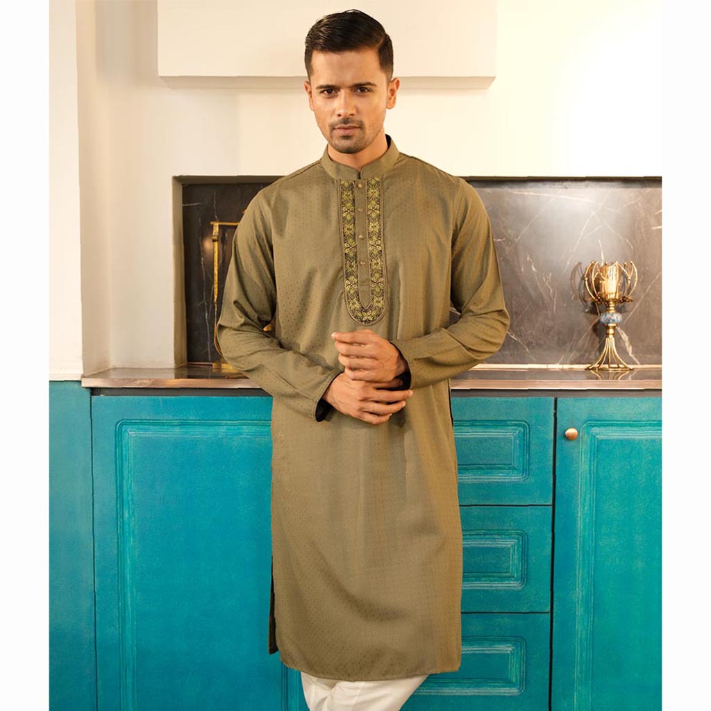 Olive Green Cotton Embroidered Panjabi
