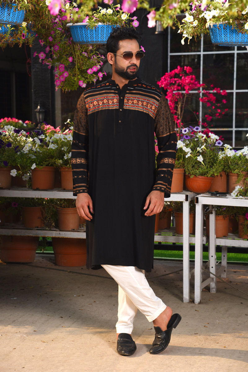 Black Linen Printed & Embroidered Panjabi