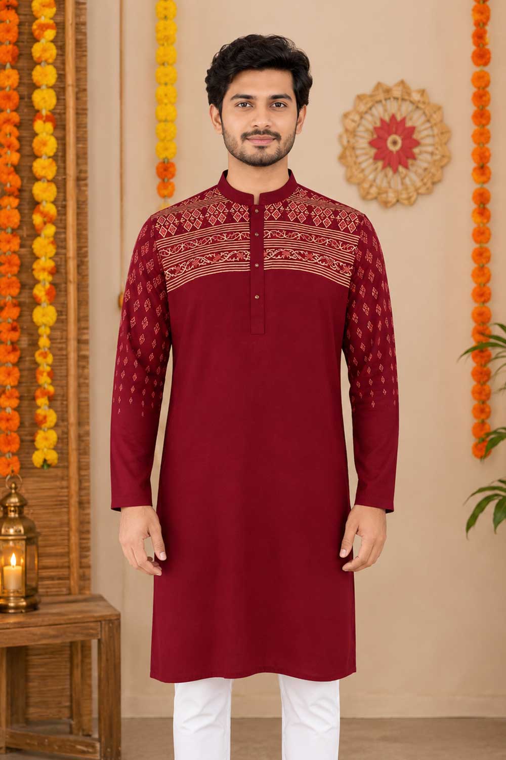 Maroon Linen Printed Panjabi
