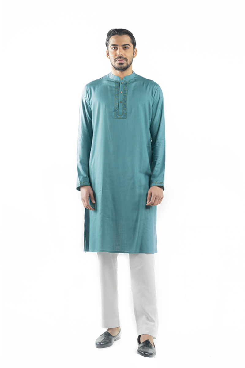 Teal Green Viscose Embroidered Panjabi