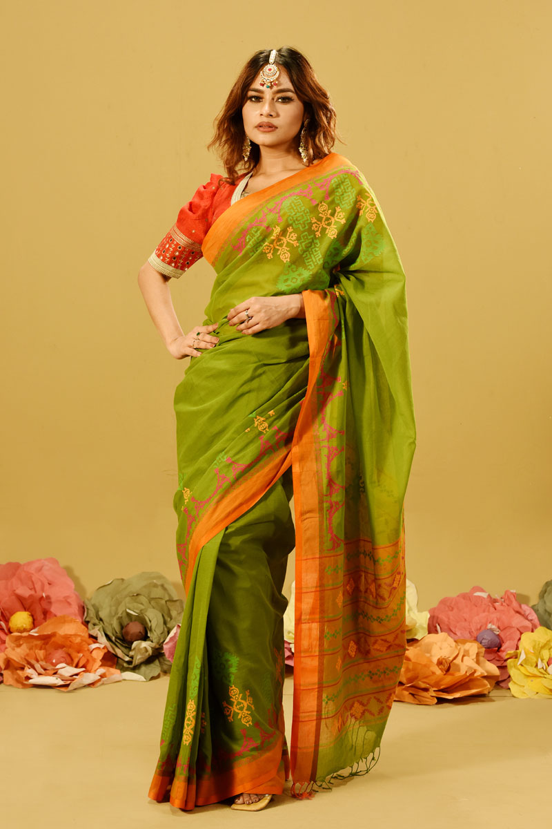 Olive Green Cotton Printed Saree