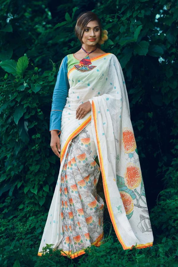 White Half Silk Printed Saree