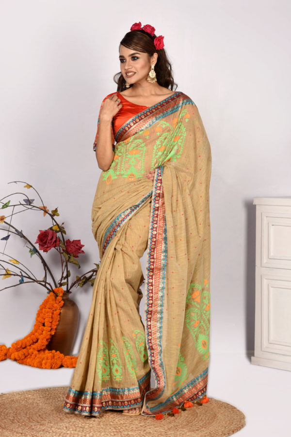 Biscuit Colour Cotton Printed Saree