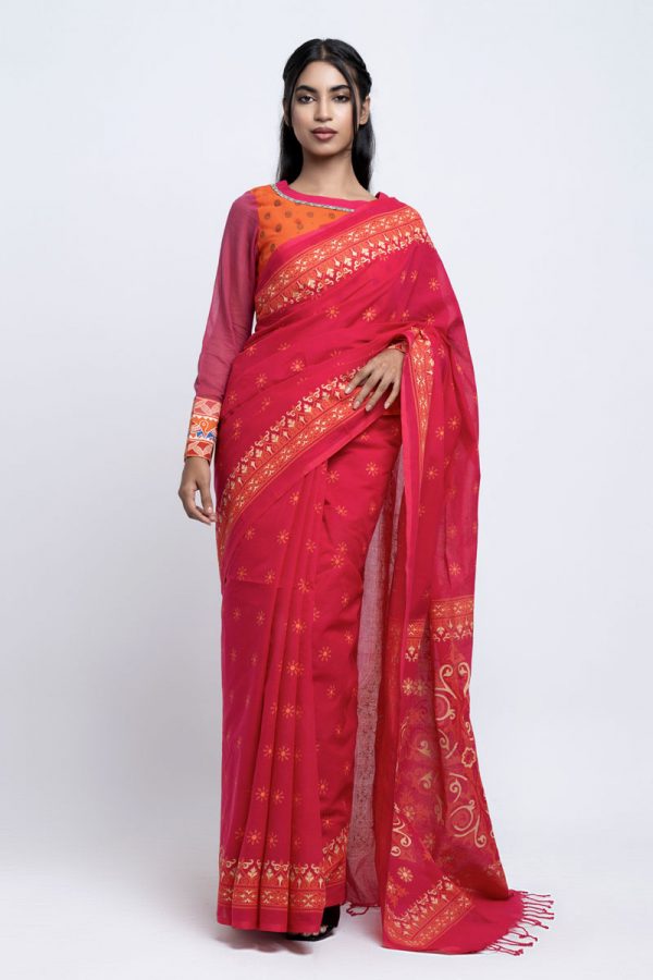 Ruby Pink Cotton Printed Saree