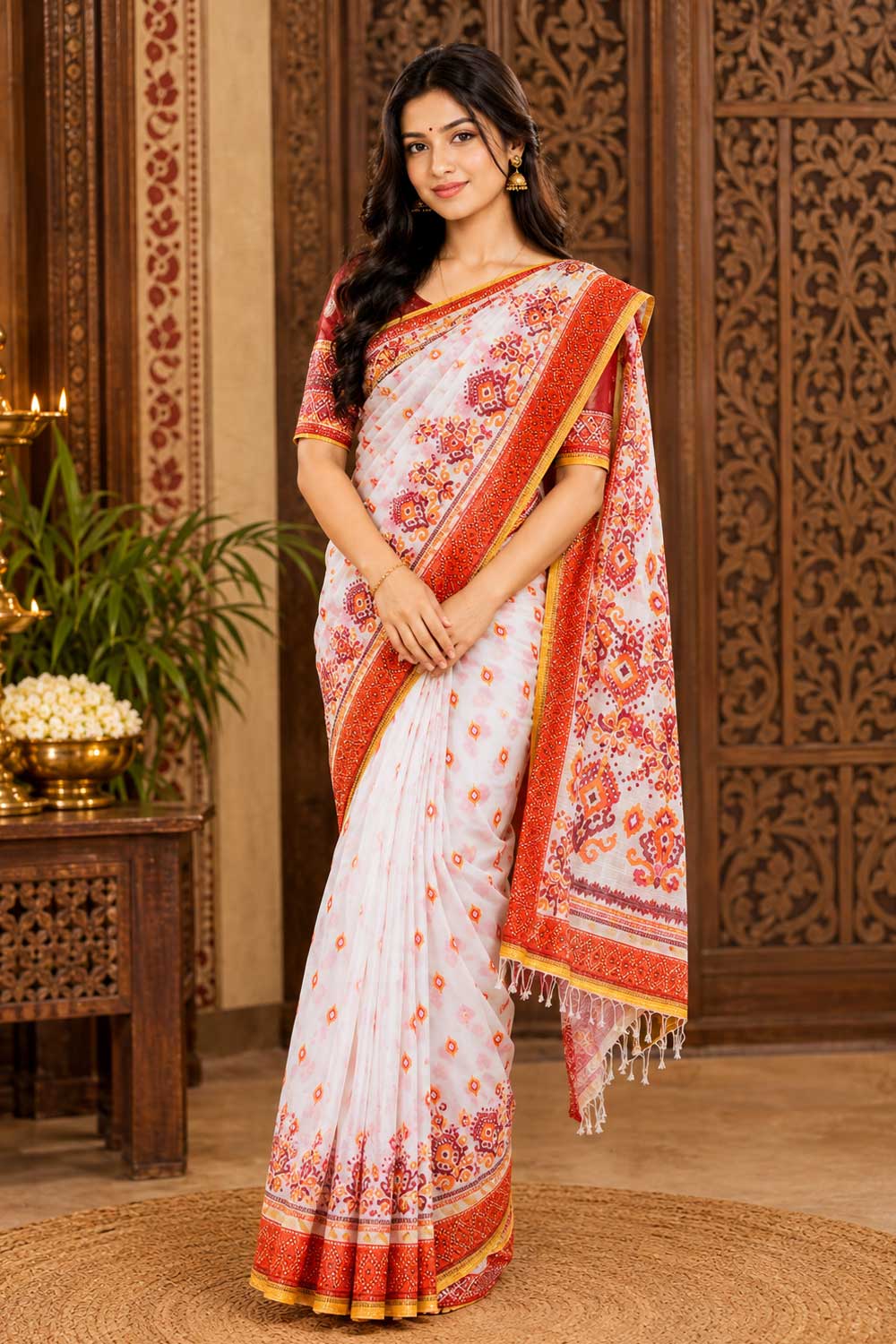 White Cotton Printed Saree
