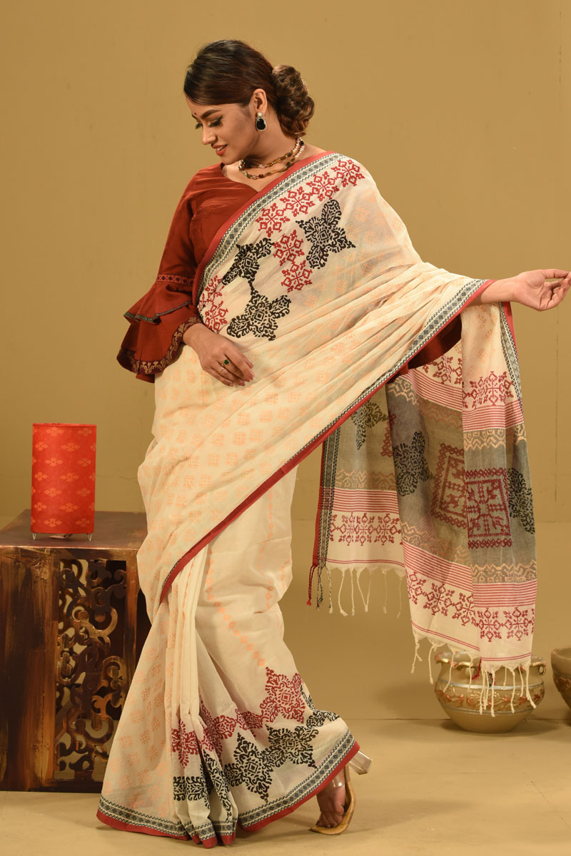 Off White Cotton Printed Saree