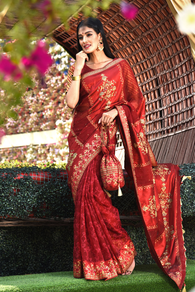 Maroon Dupion Silk Printed & Karchupi Ornamented Saree