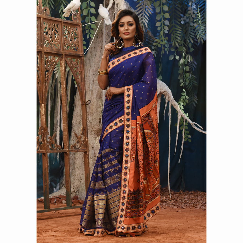 Blue Half Silk Printed & Embroidered Saree