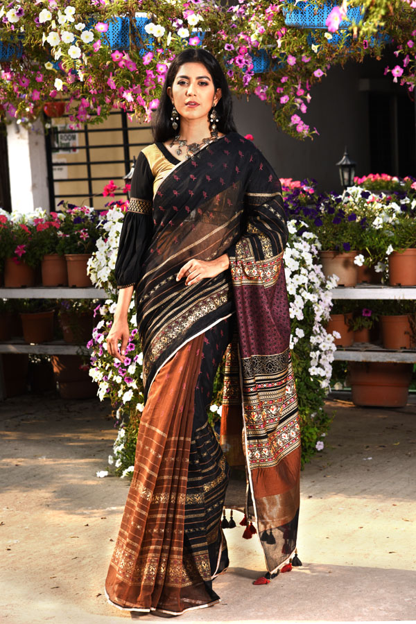 Black Half Silk Printed & Embroidered Saree