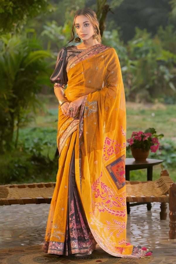 Golden Yellow Half Silk Printed Saree