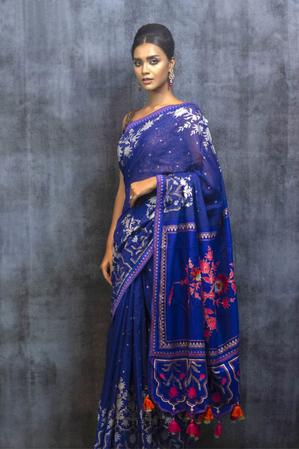 Navy Blue Half Silk Printed & Embroidered Saree