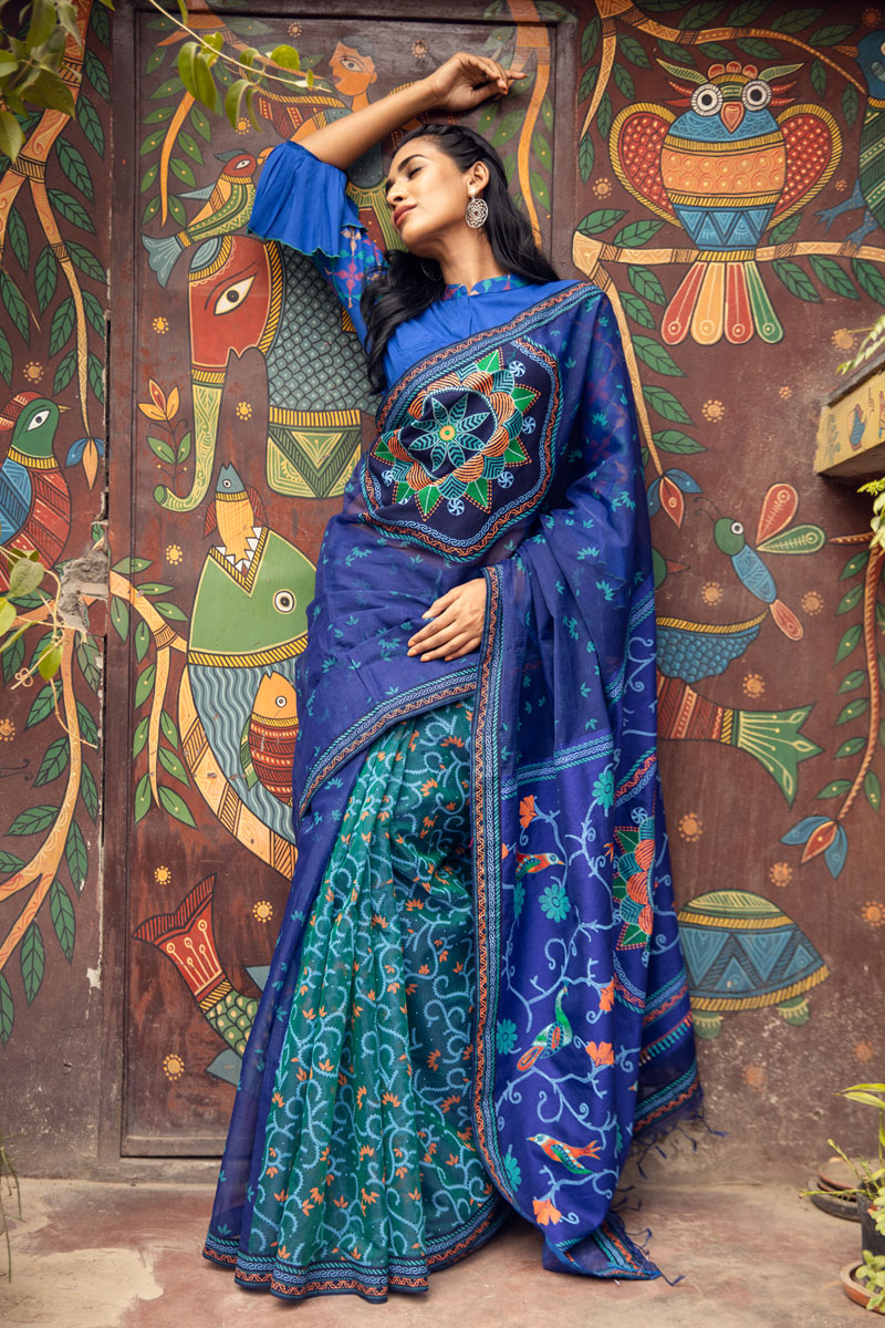 Navy & Teal Blue Half Silk Saree with Print & Embroidery