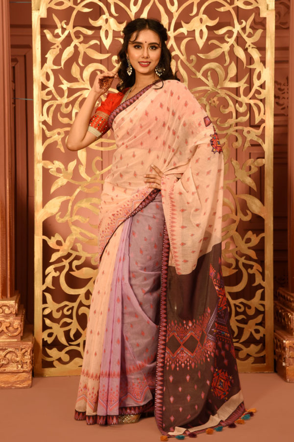 Salmon Pink Half Silk Saree with Print & Embroidery