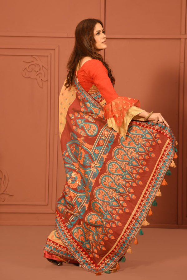 Golden Half Silk Saree with Print & Embroidery