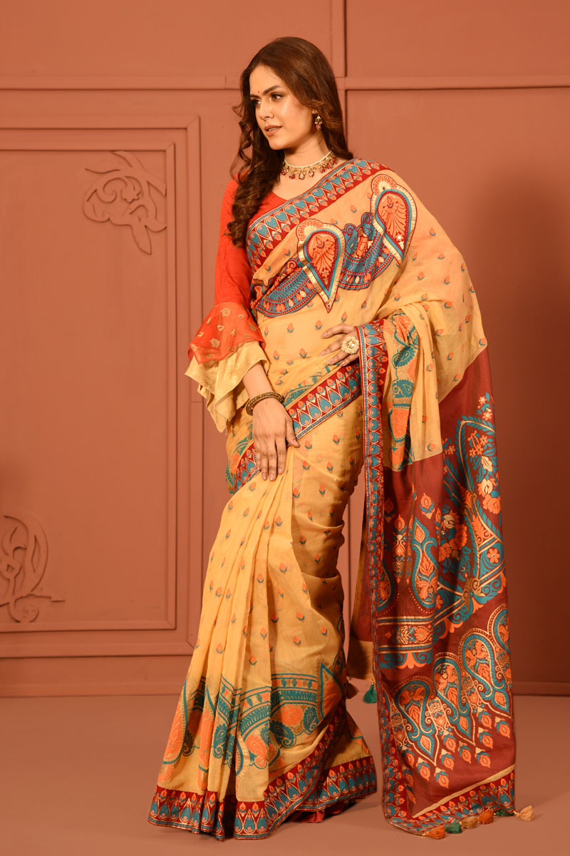 Golden Coloured Half Silk Saree with Print & Embroidery