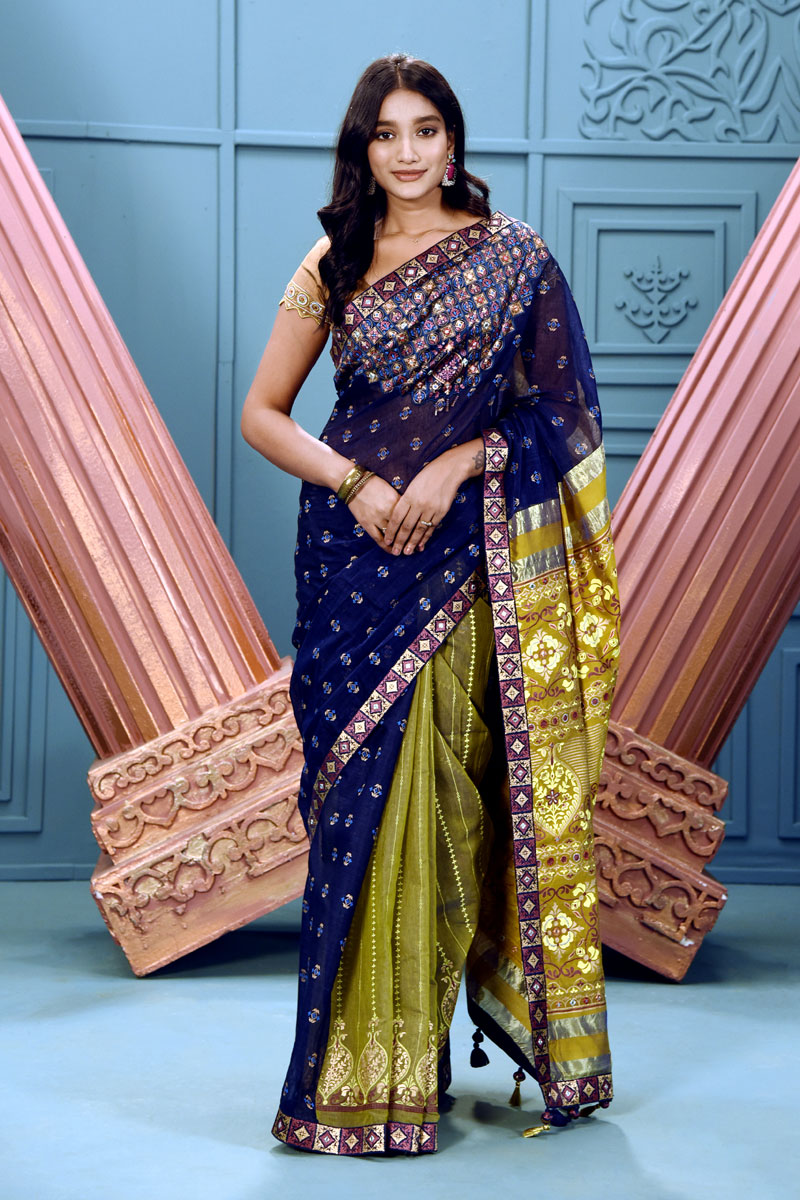 Prussian Blue Half Silk Saree with Print & Embroidery