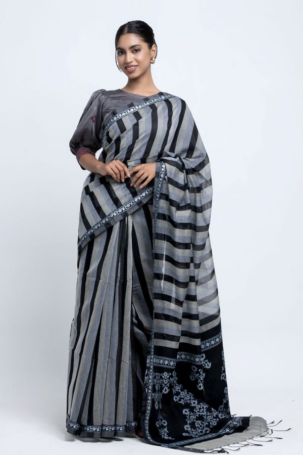 Black & Ash Half Silk Printed Saree