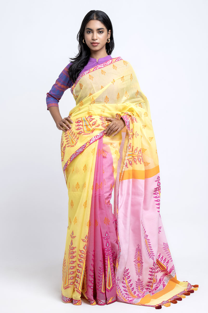 Pastel Yellow Half Silk Printed Saree